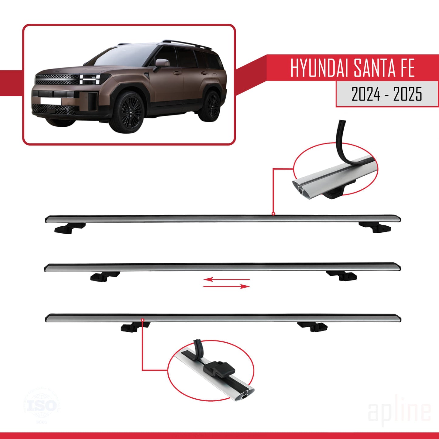 Compatible avec Hyundai Santa Fe 2024-2025 BASIC Model Barres de Toit Railing Porte-Bagages de Voiture Gris Aluminium 3 Barres