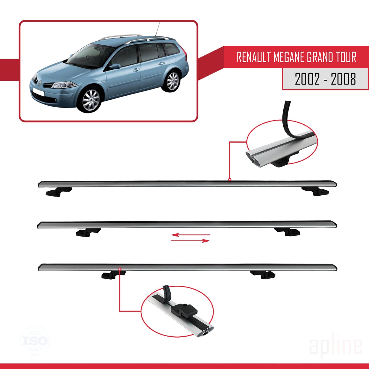 Compatible avec Renault Megane Grand Tour 2002-2008 BASIC Model Barres de Toit Railing Porte-Bagages de Voiture Gris Aluminium 3 Barres