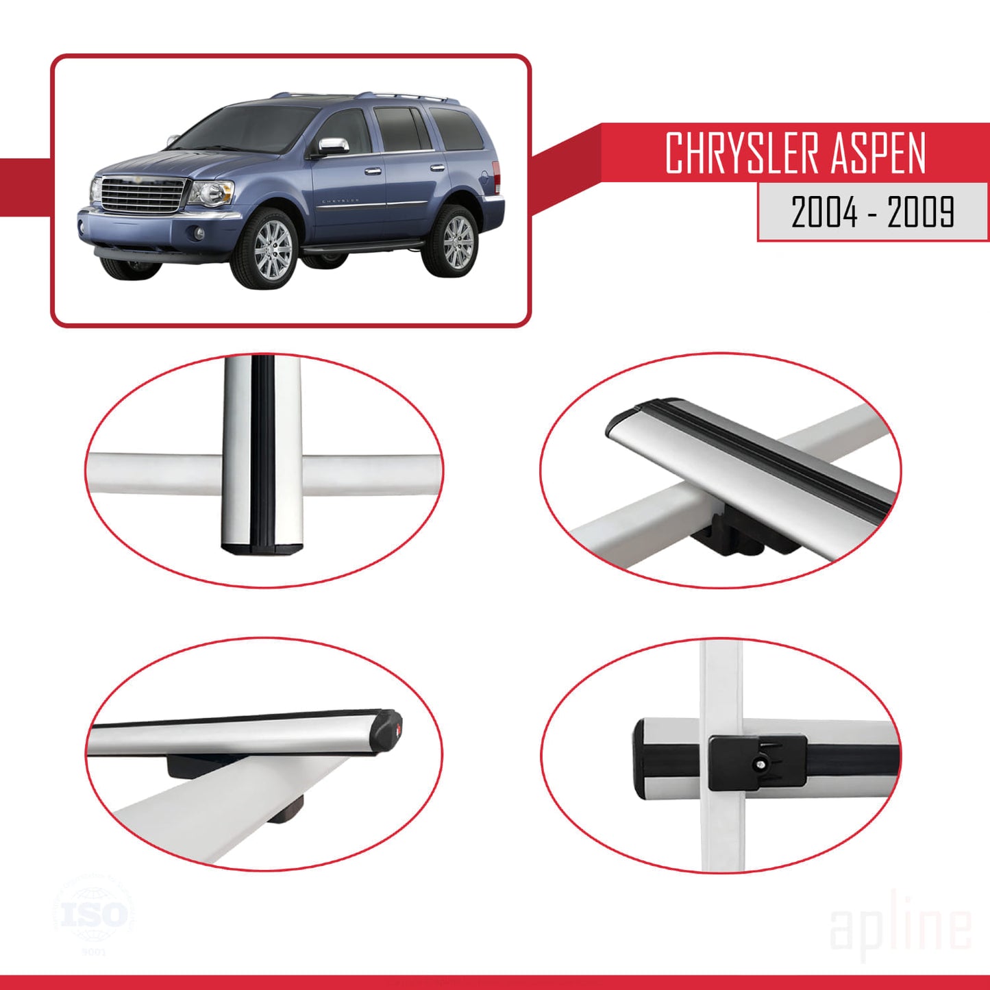 Compatible with Chrysler Aspen 2004-2009 BASIC Model Car Roof Rack Cross Bar Grey Aluminium 3 Bars