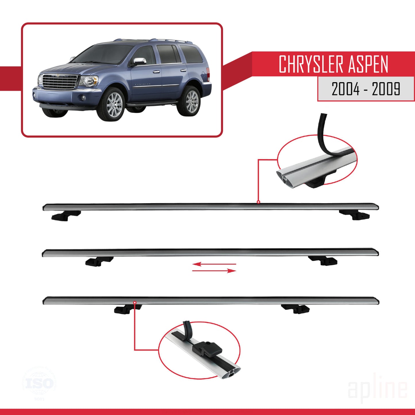 Compatible with Chrysler Aspen 2004-2009 BASIC Model Car Roof Rack Cross Bar Grey Aluminium 3 Bars