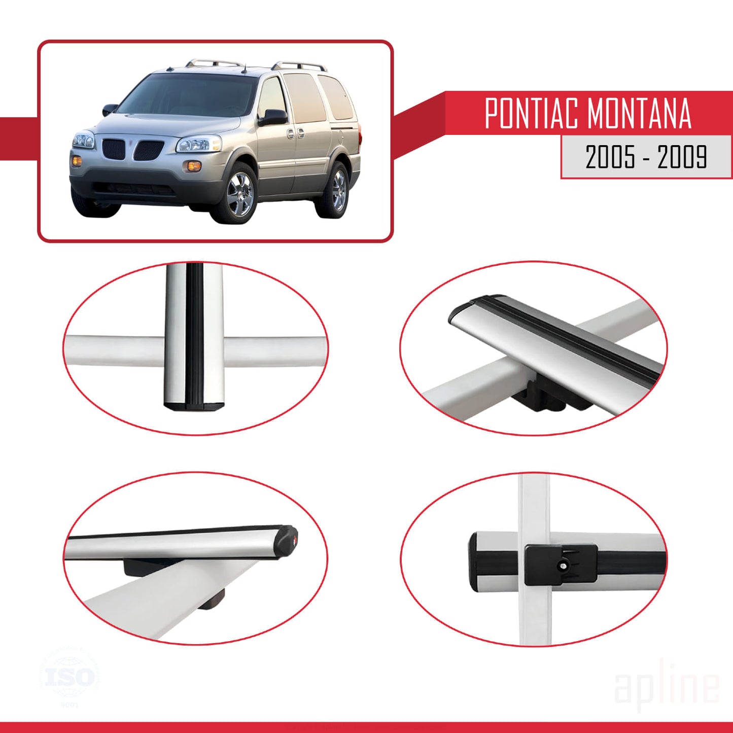 Compatible with Pontiac Montana 2005-2009 BASIC Model Car Roof Rack Cross Bar Grey Aluminium 2 Bars