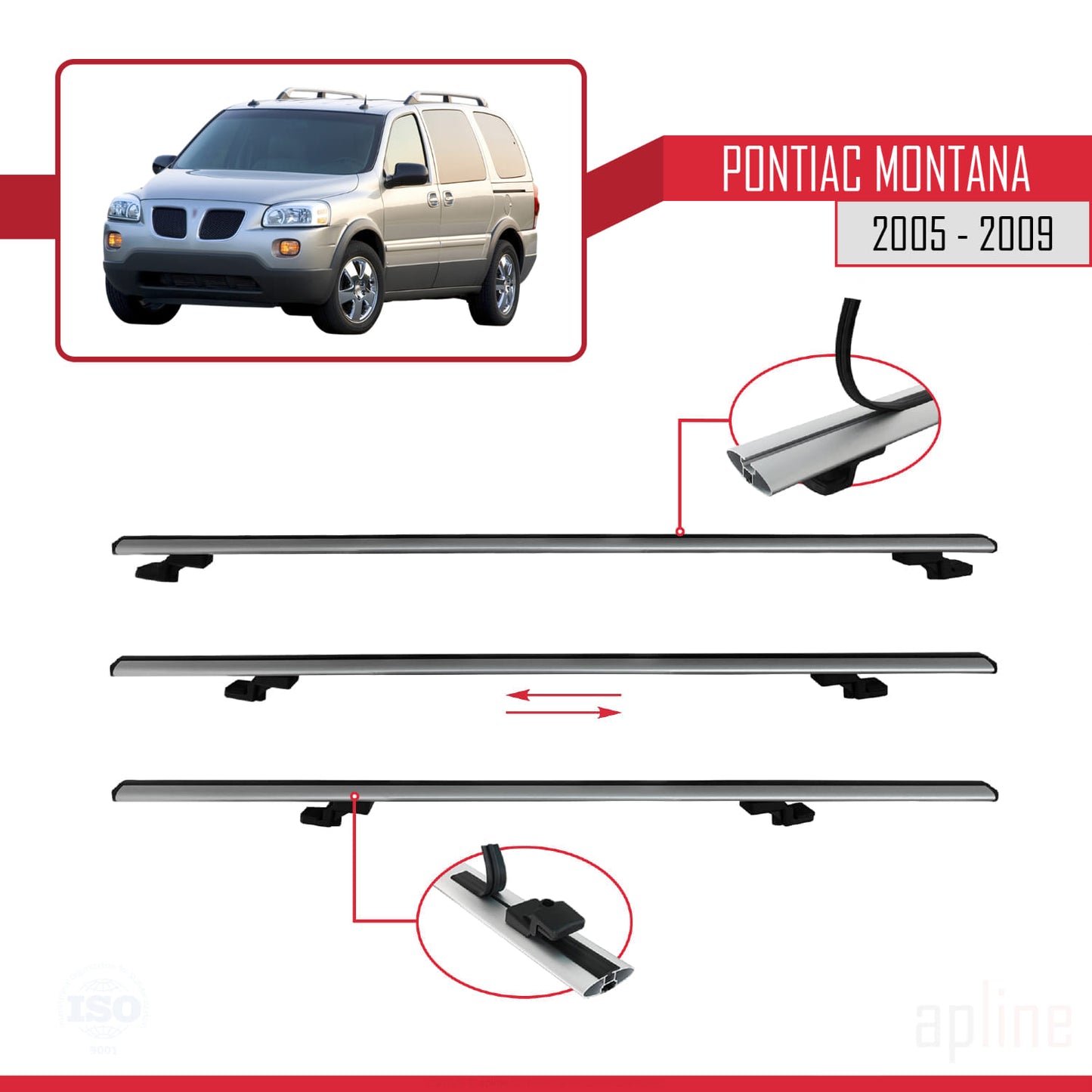 Compatible with Pontiac Montana 2005-2009 BASIC Model Car Roof Rack Cross Bar Grey Aluminium 2 Bars