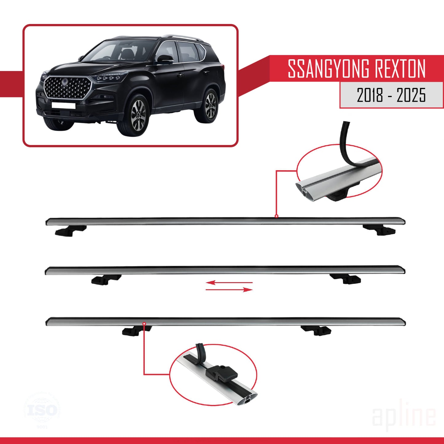 Compatible with SsangYong Rexton 2018-2025 BASIC Model Car Roof Rack Cross Bar Grey Aluminium 3 Bars