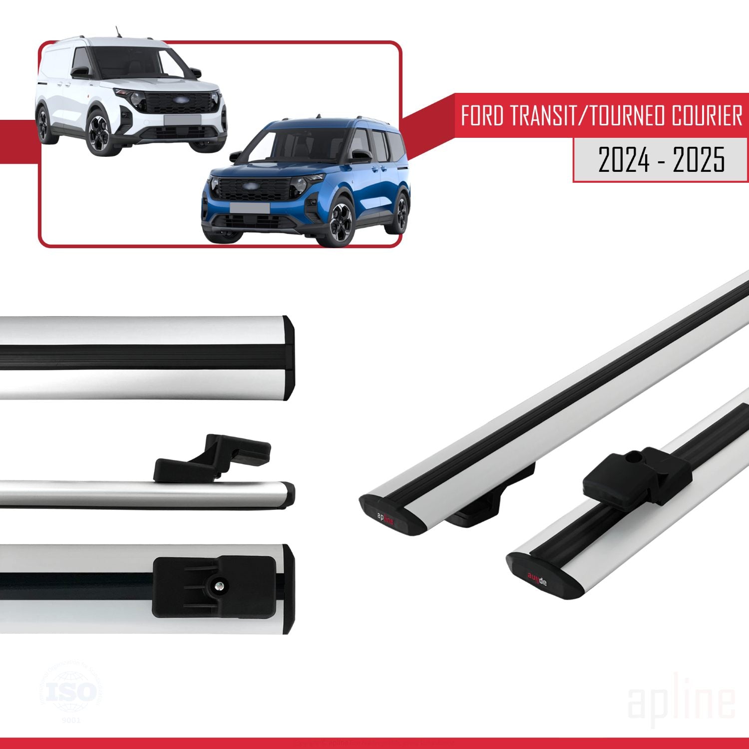Compatible avec Ford Transit/Tourneo Courier 2024-2025 BASIC Model Barres de Toit Railing Porte-Bagages de Voiture Gris Aluminium 2 Barres