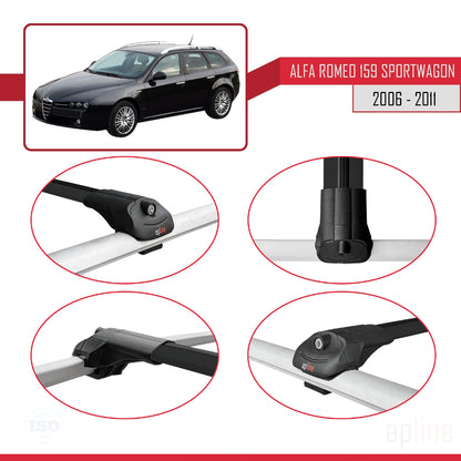 Kompatibel mit Alfa Romeo 159 (T939) Kombi 2006-2011 ACE-1 Dachgepäckträger, Reling, Gepäckträger, schwarzes Aluminium, 2 Stangen