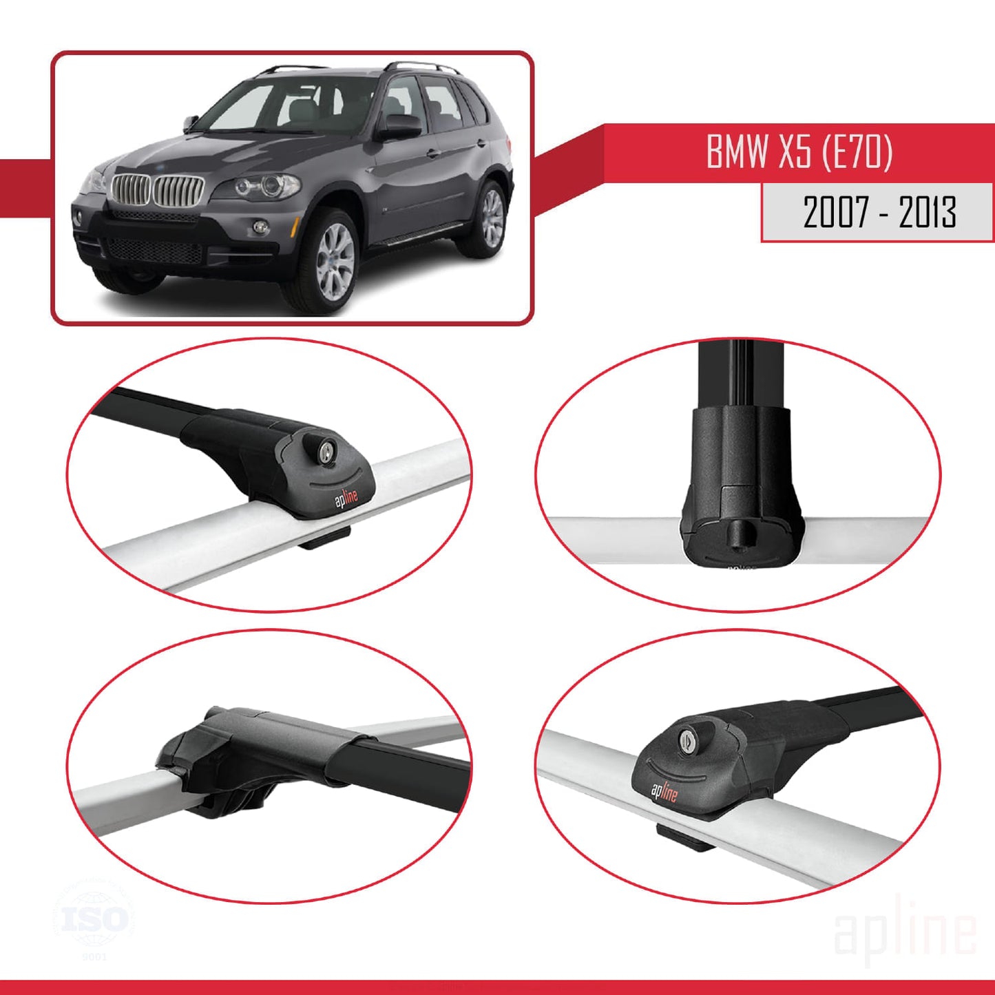 Kompatibel mit BMW X5 (E70) 2007-2013 ACE-1 Dachträger, Auto-Dachgepäckträger, schwarzes Aluminium, 2 Stangen