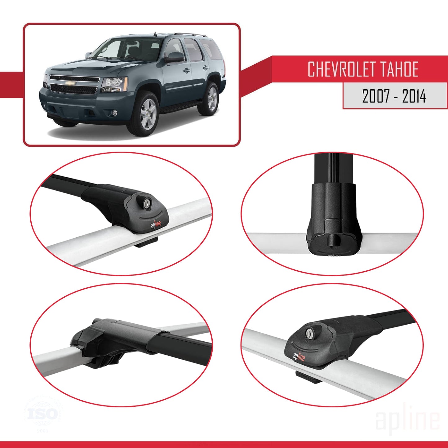 Kompatibel mit Chevrolet Tahoe 3 2007-2014 ACE-1 Dachträger, Auto-Dachgepäckträger, schwarzes Aluminium, 3 Stangen