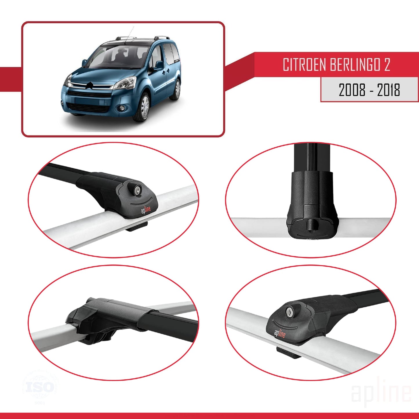 Kompatibel mit Citroen Berlingo 2 (B9) 2008-2018 ACE-1 Relingträger Dachträger Auto Gepäckträger Schwarz Aluminium 3 Stangen