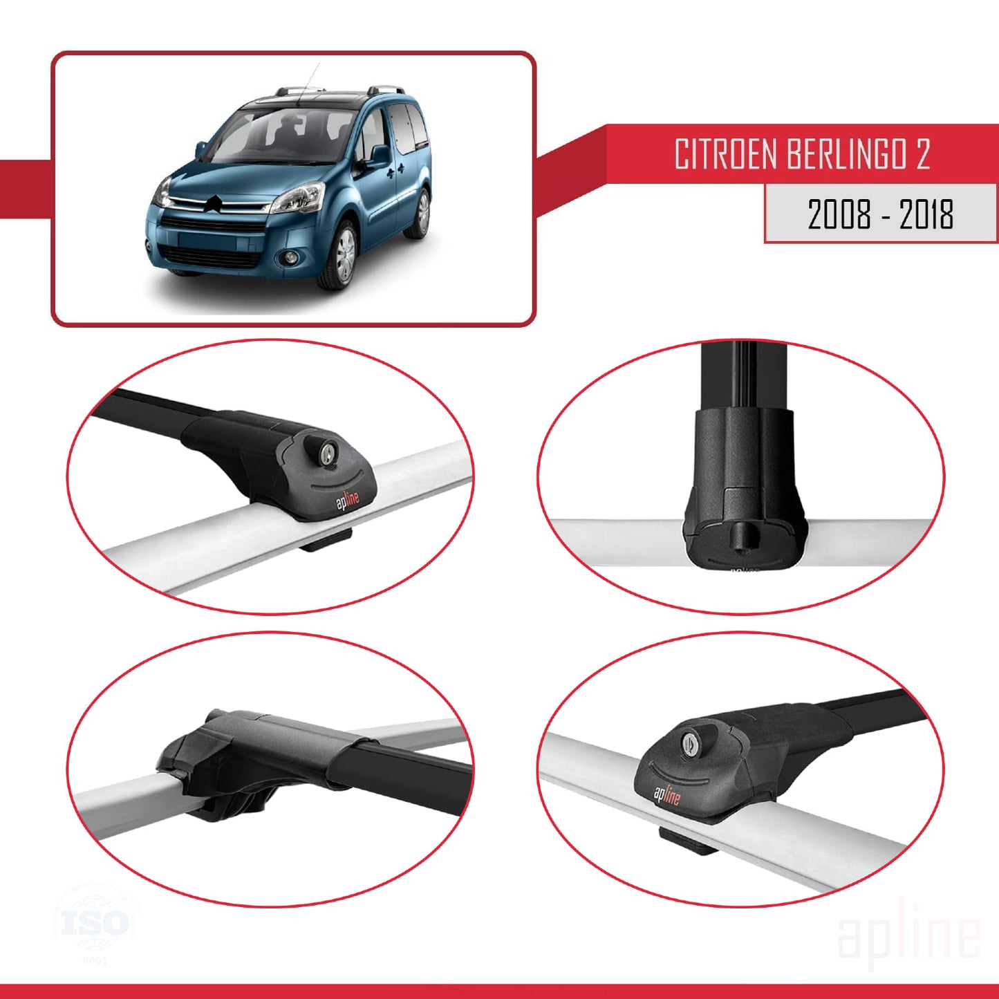 Kompatibel mit Citroen Berlingo 2 (B9) 2008-2018 ACE-1 Relingträger Dachträger Auto Gepäckträger Schwarz Aluminium 4 Stangen