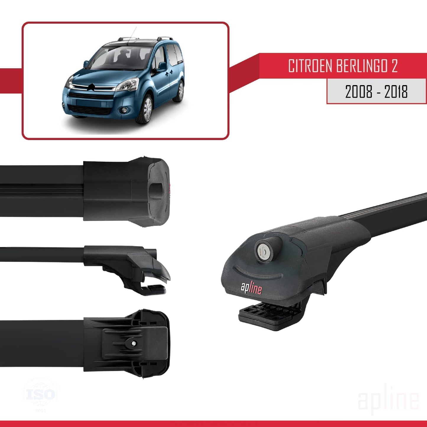 Compatible with Citroen Berlingo 2 (B9) 2008-2018 ACE-1 Car Roof Rack Cross Bar Black Aluminium 2 Bars