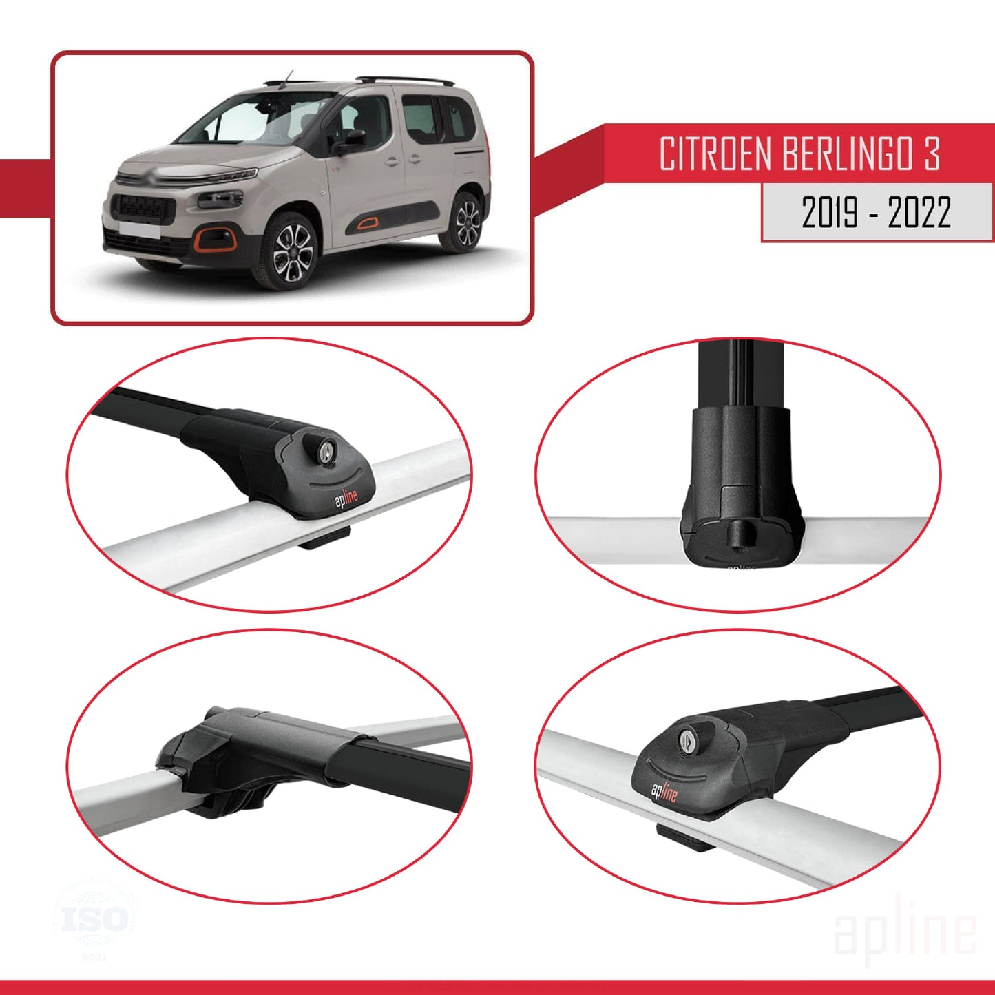 Compatible with Citroen Berlingo 3 (K9) 2019-2022 ACE-1 Car Roof Rack Cross Bar Black Aluminium 4 Bars