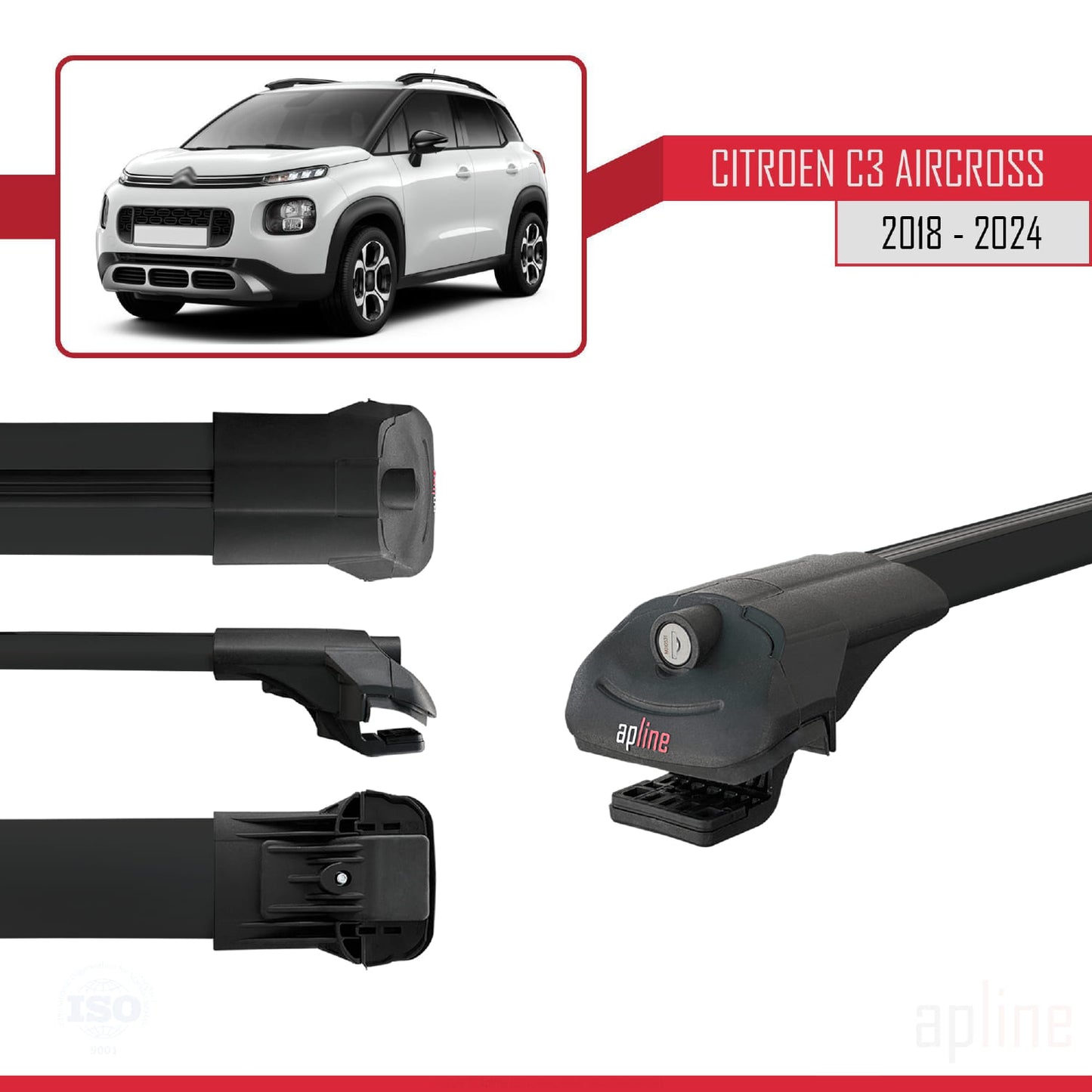 Kompatibel mit Citroen C3 Aircross (A88) 2018-2024 ACE-1 Relingträger Dachträger Auto Gepäckträger Schwarz Aluminium 3 Stangen