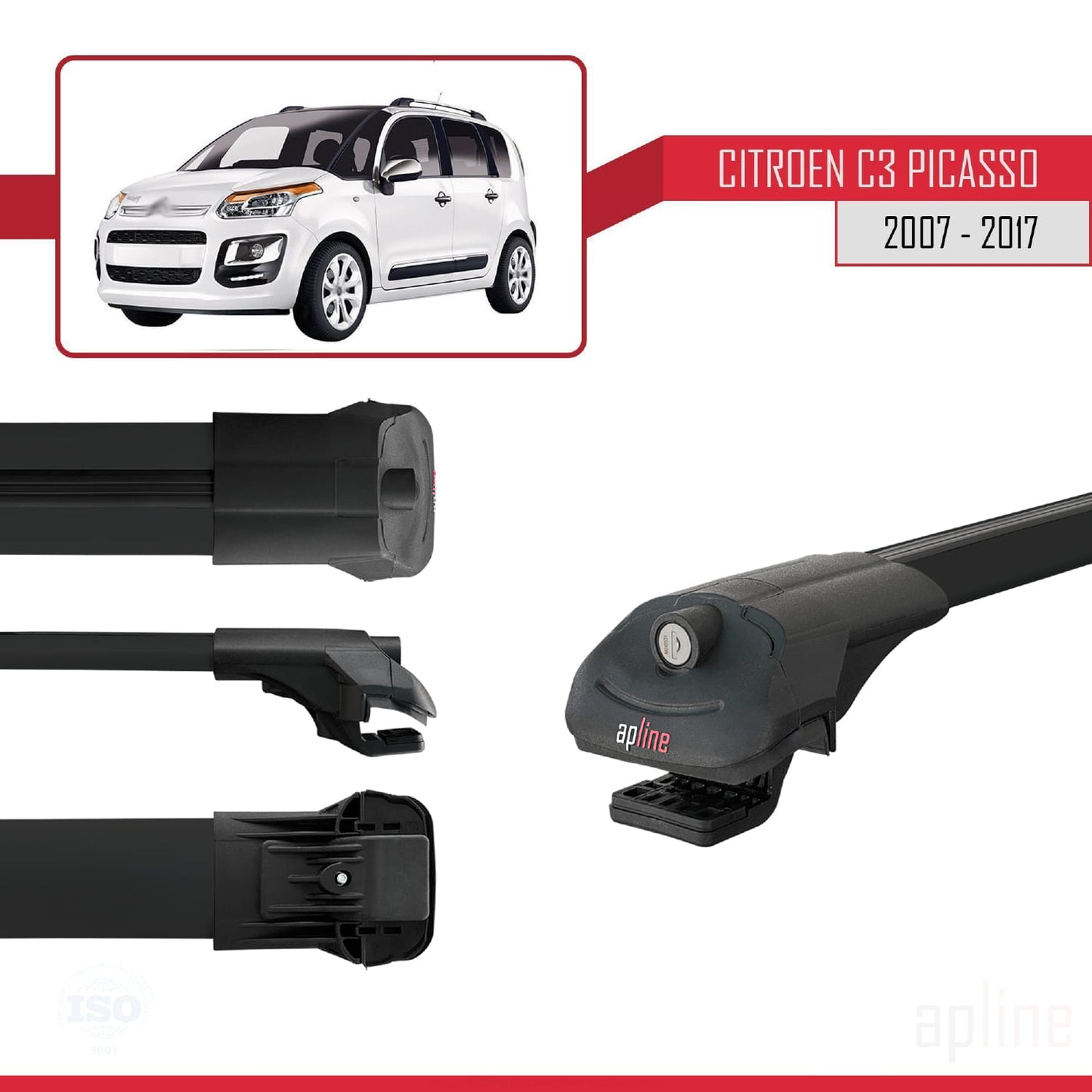Kompatibel mit Citroen C3 Picasso 2009-2017 ACE-1 Relingträger Dachträger Auto Gepäckträger Schwarz Aluminium 3 Stangen