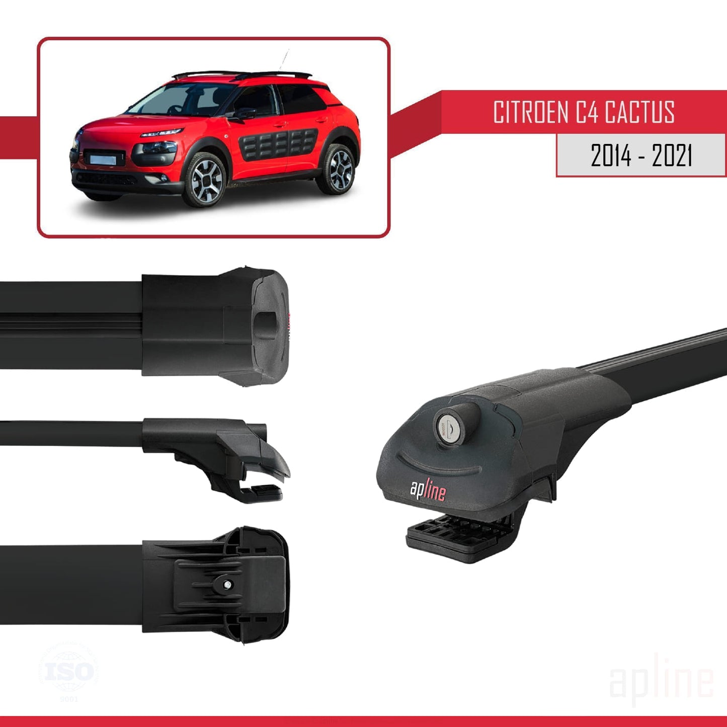 Kompatibel mit Citroen C4 Cactus 2014-2021 ACE-1 Dachgepäckträger, Reling, Gepäckträger, schwarzes Aluminium, 3 Stangen