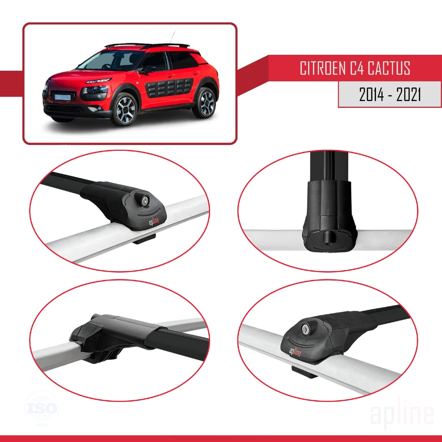 Kompatibel mit Citroen C4 Cactus 2014-2021 ACE-1 Dachgepäckträger, Reling, Gepäckträger, schwarzes Aluminium, 2 Stangen