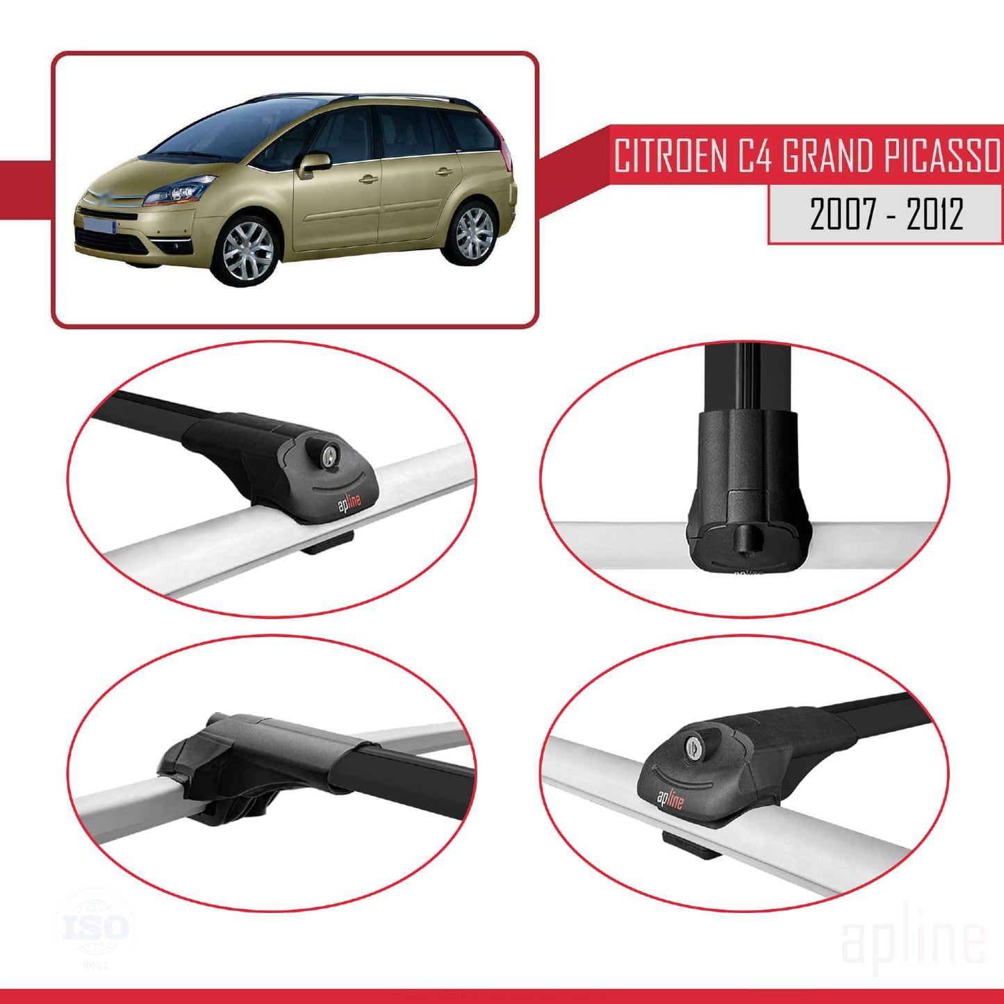 Kompatibel mit Citroen Grand C4 Picasso 2007-2012 ACE-1 Dachgepäckträger, Reling, Gepäckträger, schwarzes Aluminium, 2 Stangen