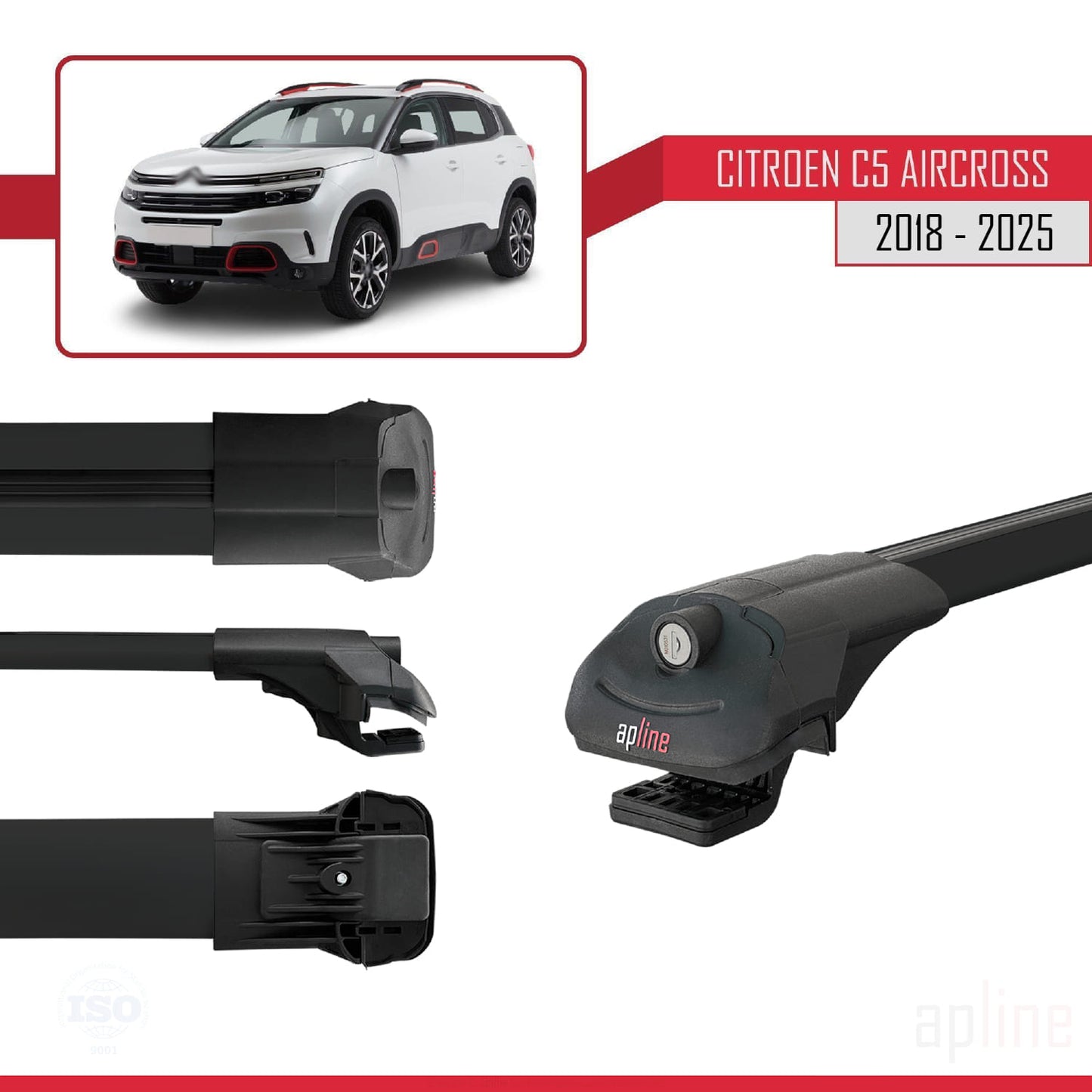 Kompatibel mit Citroen C5 Aircross 2018-2025 ACE-1 Dachgepäckträger, Reling, Gepäckträger, schwarzes Aluminium, 2 Stangen