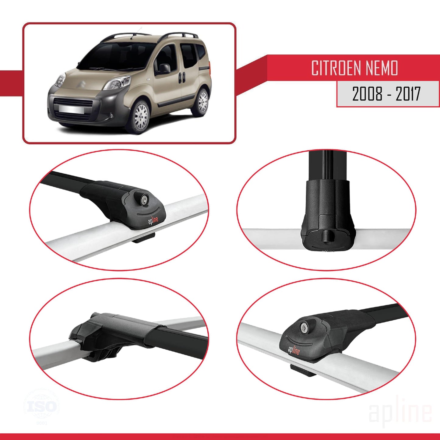 Kompatibel mit Citroen Nemo 3 (225) 2008-2017 ACE-1 Dachgepäckträger, Reling, Gepäckträger, schwarzes Aluminium, 4 Stangen