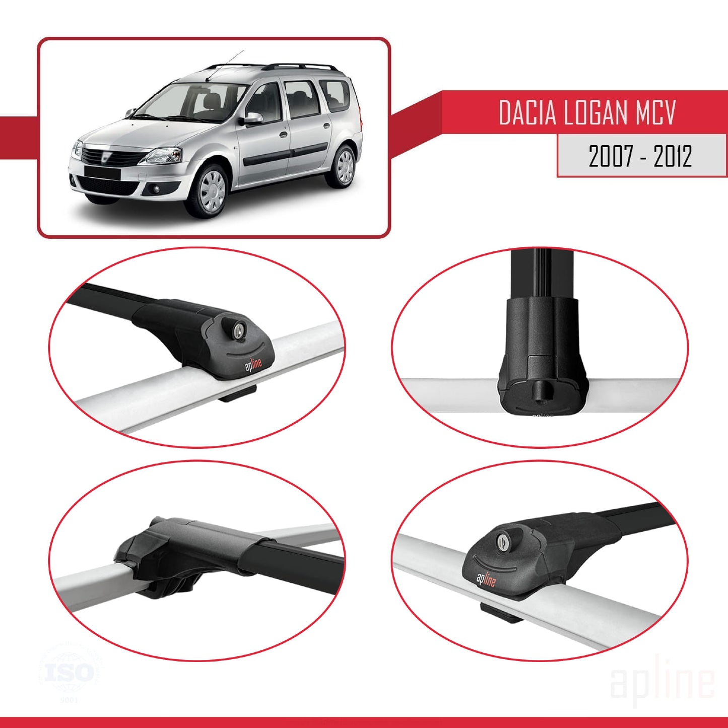 Kompatibel mit Dacia Logan 2 MCV (K52) 2007-2012 ACE-1 Dachgepäckträger, schwarzes Aluminium, 2 Stangen