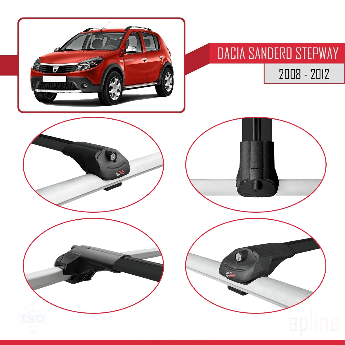 Kompatibel mit Dacia Sandero Stepway 2008-2012 ACE-1 Dachgepäckträger, Reling, Gepäckträger, schwarzes Aluminium, 2 Stangen