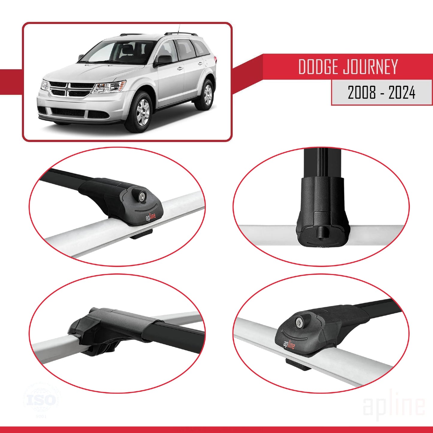 Kompatibel mit Dodge Journey 2008-2024 ACE-1 Dachgepäckträger, Reling, Gepäckträger, schwarzes Aluminium, 3 Stangen
