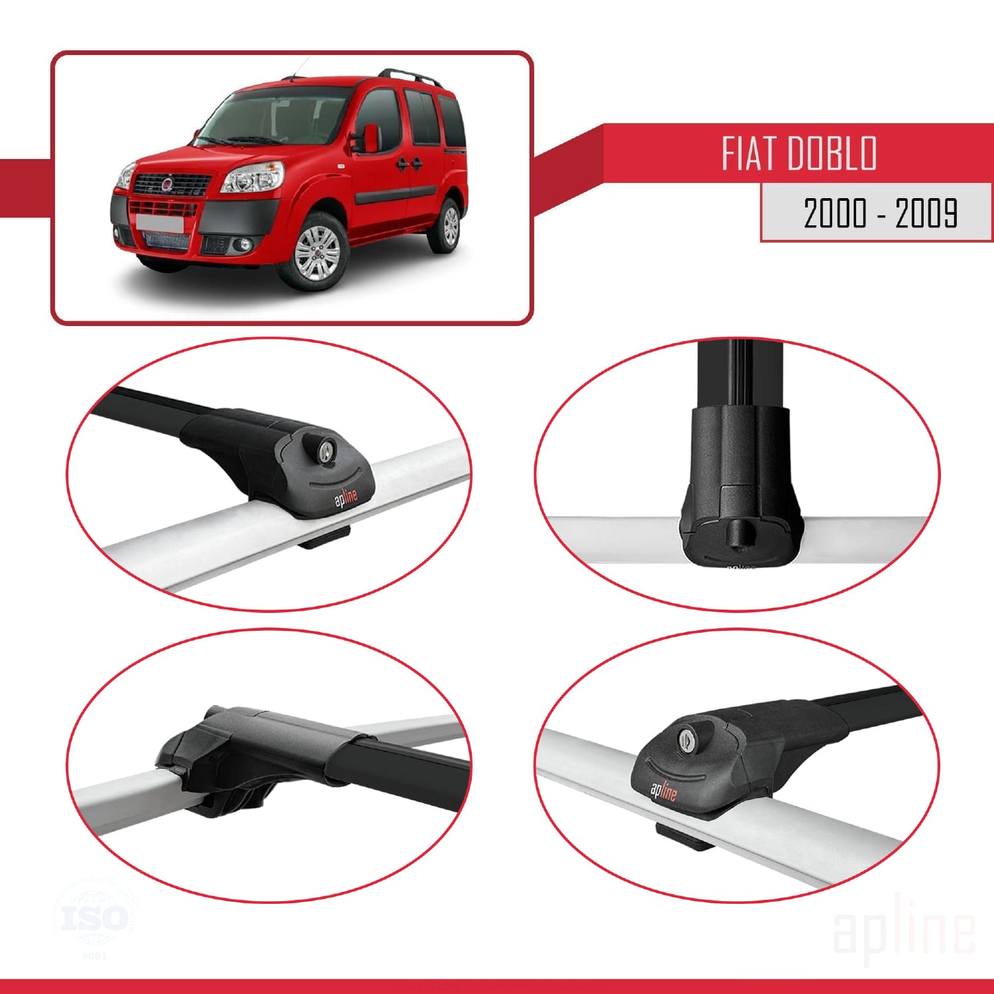 Kompatibel mit Fiat Doblo 2000-2009 ACE-1 Dachgepäckträger, Reling, Gepäckträger, schwarzes Aluminium, 3 Stangen