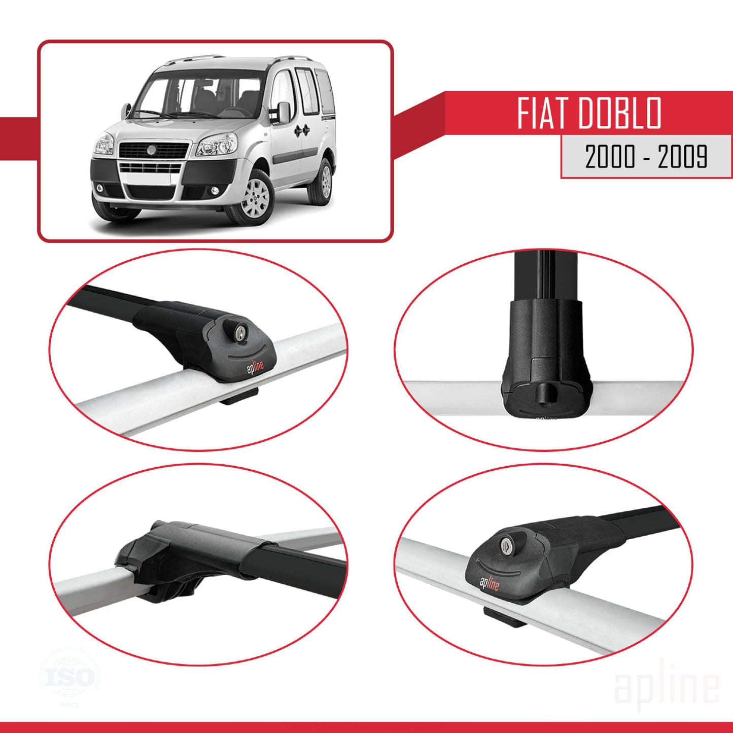 Kompatibel mit Fiat Doblo 2000-2009 V2 ACE-1 Dachgepäckträger, Reling, Gepäckträger, schwarzes Aluminium, 4 Stangen