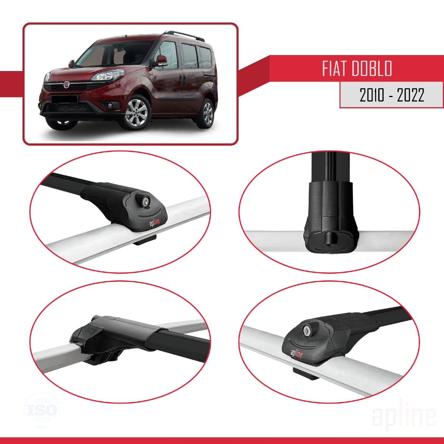 Kompatibel mit Fiat Doblo 2 2010-2022 ACE-1 Dachgepäckträger, Reling, Gepäckträger, schwarzes Aluminium, 4 Stangen