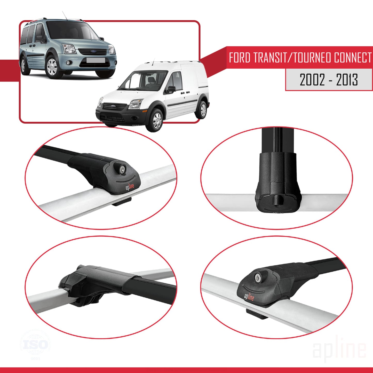 Kompatibel mit Ford Transit/Tourneo Connect 2002-2013 ACE-1 Dachgepäckträger, Reling, Gepäckträger, schwarzes Aluminium, 3 Stangen