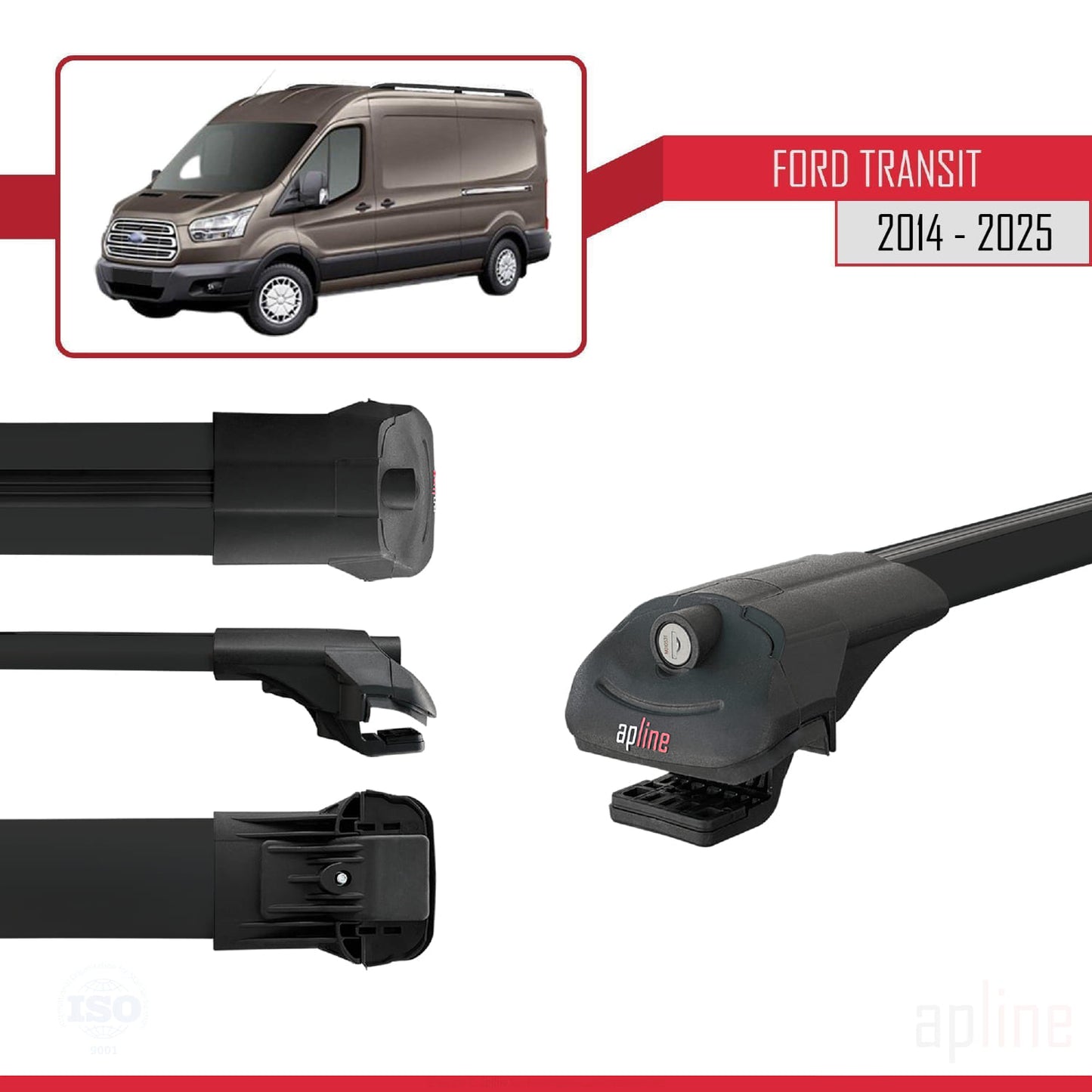 Compatible with Ford Transit 2014-2025 ACE-1 Car Roof Rack Cross Bar Black Aluminium 2 Bars