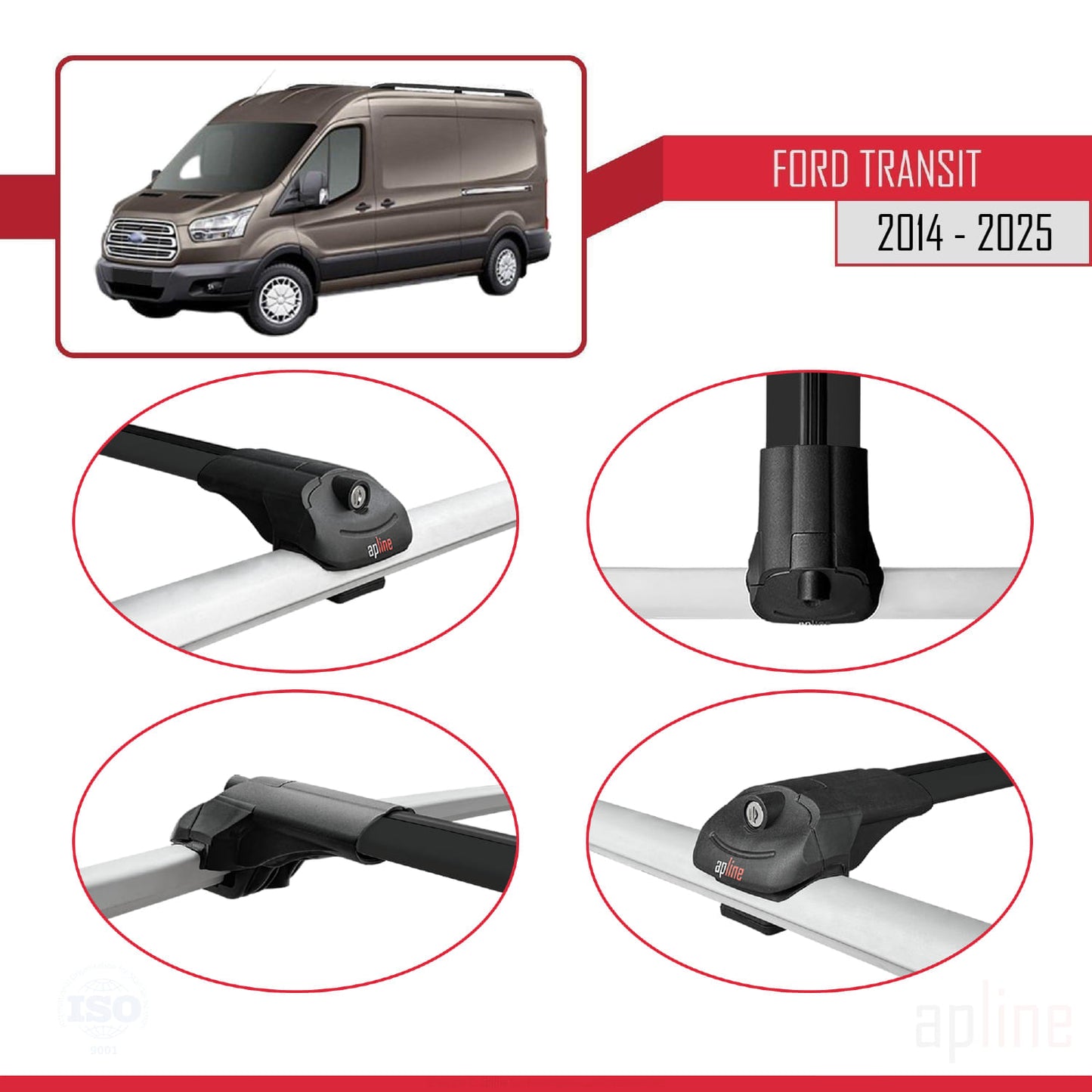 Compatible with Ford Transit 2014-2025 ACE-1 Car Roof Rack Cross Bar Black Aluminium 2 Bars