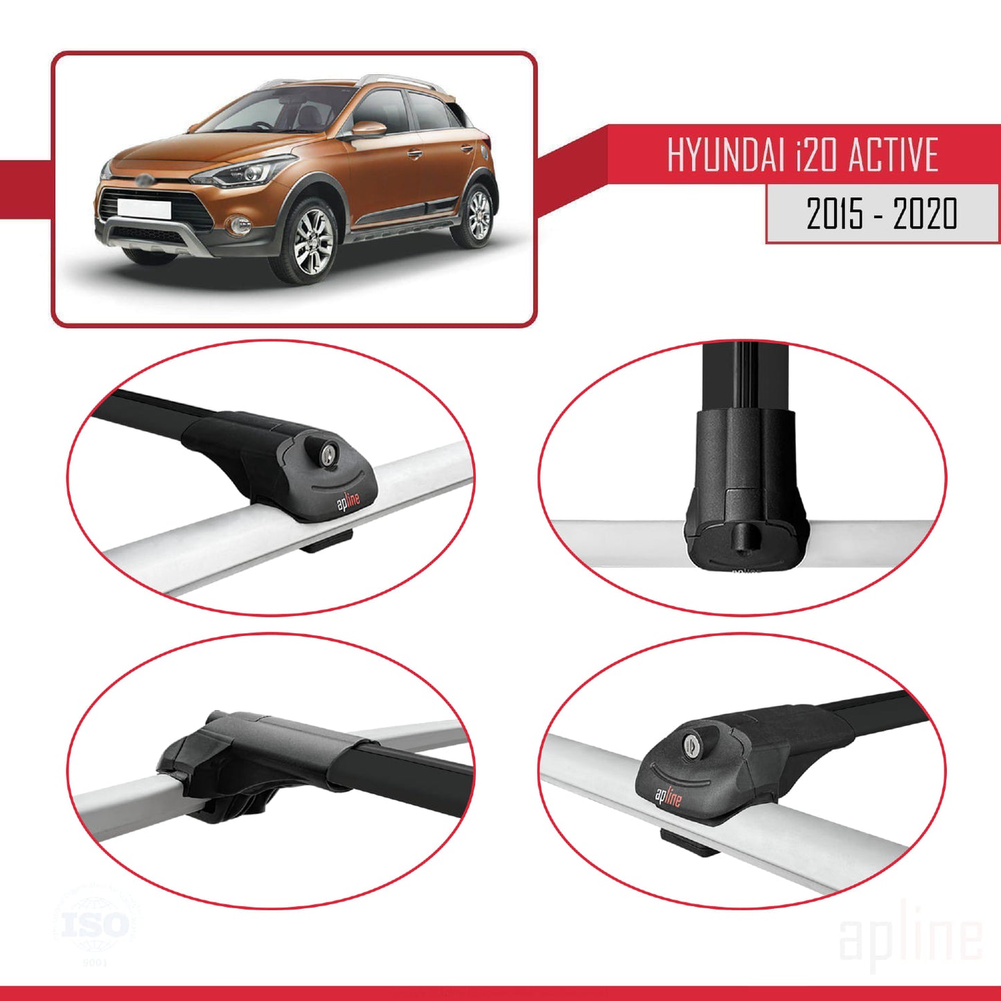 Kompatibel mit Hyundai i20 II Active 2015-2019 ACE-1 Relingträger Dachträger Auto Gepäckträger Schwarz Aluminium 2 Stangen