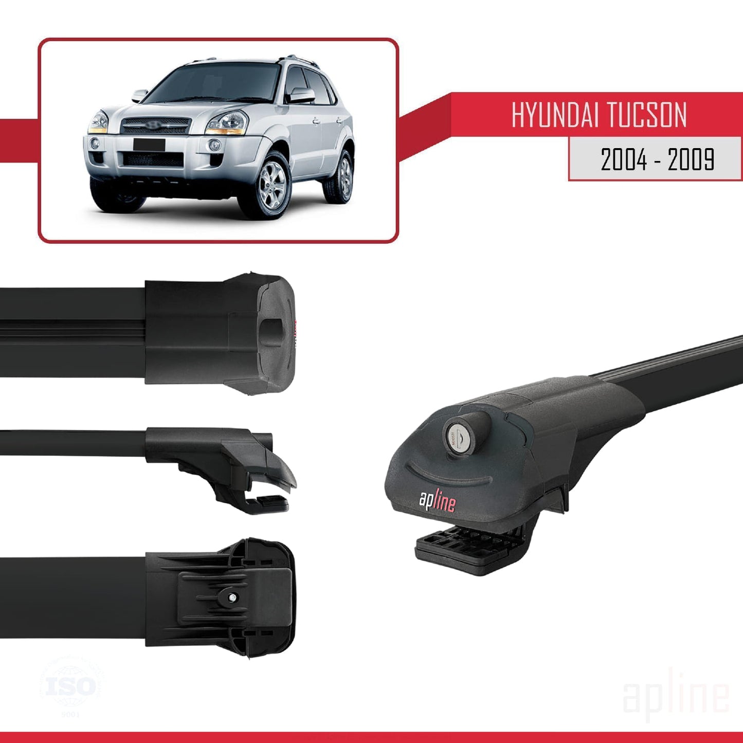 Compatible with Hyundai Tucson (JM) 2004-2009 ACE-1 Car Roof Rack Cross Bar Black Aluminium 3 Bars