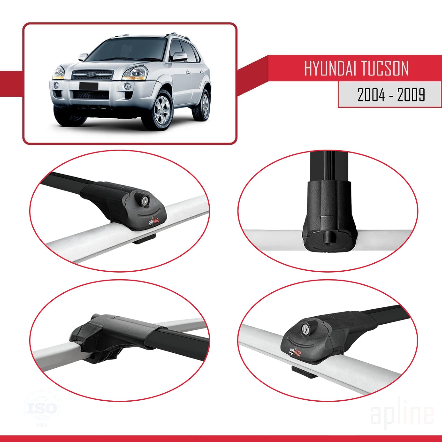 Compatible with Hyundai Tucson (JM) 2004-2009 ACE-1 Car Roof Rack Cross Bar Black Aluminium 2 Bars