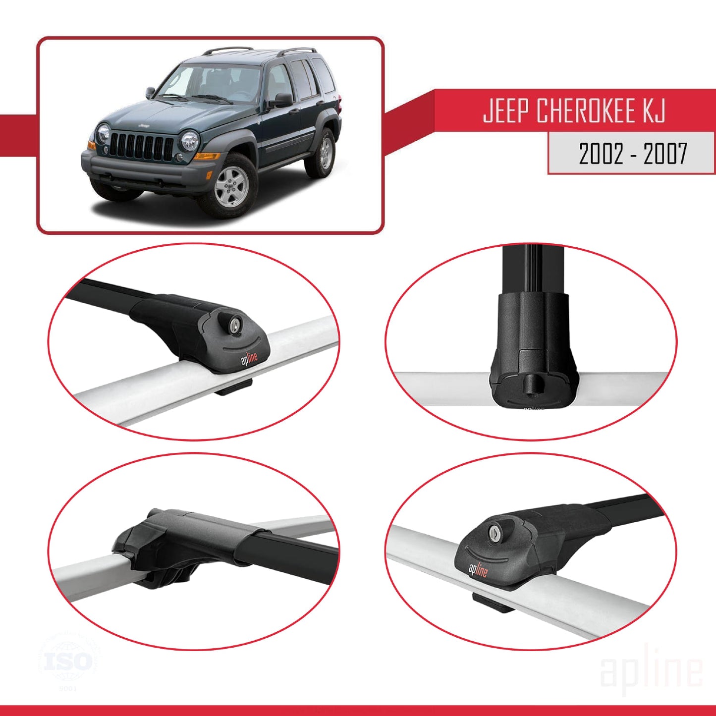 Compatible with Jeep Cherokee 3 (KJ) 2002-2007 ACE-1 Car Roof Rack Cross Bar Black Aluminium 3 Bars