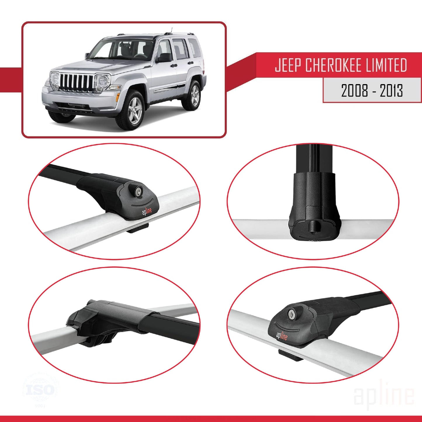 Kompatibel mit Jeep Cherokee 4 (KK) 2008-2013 ACE-1 Relingträger Dachträger Auto Gepäckträger Schwarz Aluminium 2 Stangen
