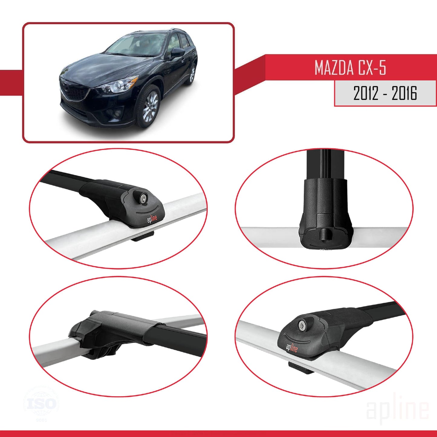 Compatible avec Mazda CX-5 I (KE) 2012-2016 ACE-1 Barres de Toit Railing Porte-Bagages de Voiture Noir Aluminium 3 Barres