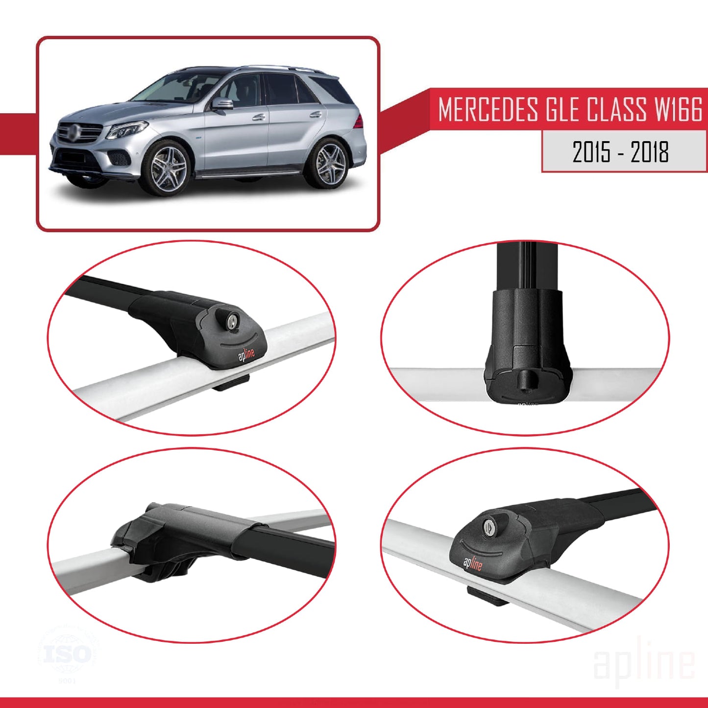 Kompatibel mit Mercedes GLE Klasse 3 (W166) 2015-2018 ACE-1 Relingträger Dachträger Auto Gepäckträger Schwarz Aluminium 2 Stangen