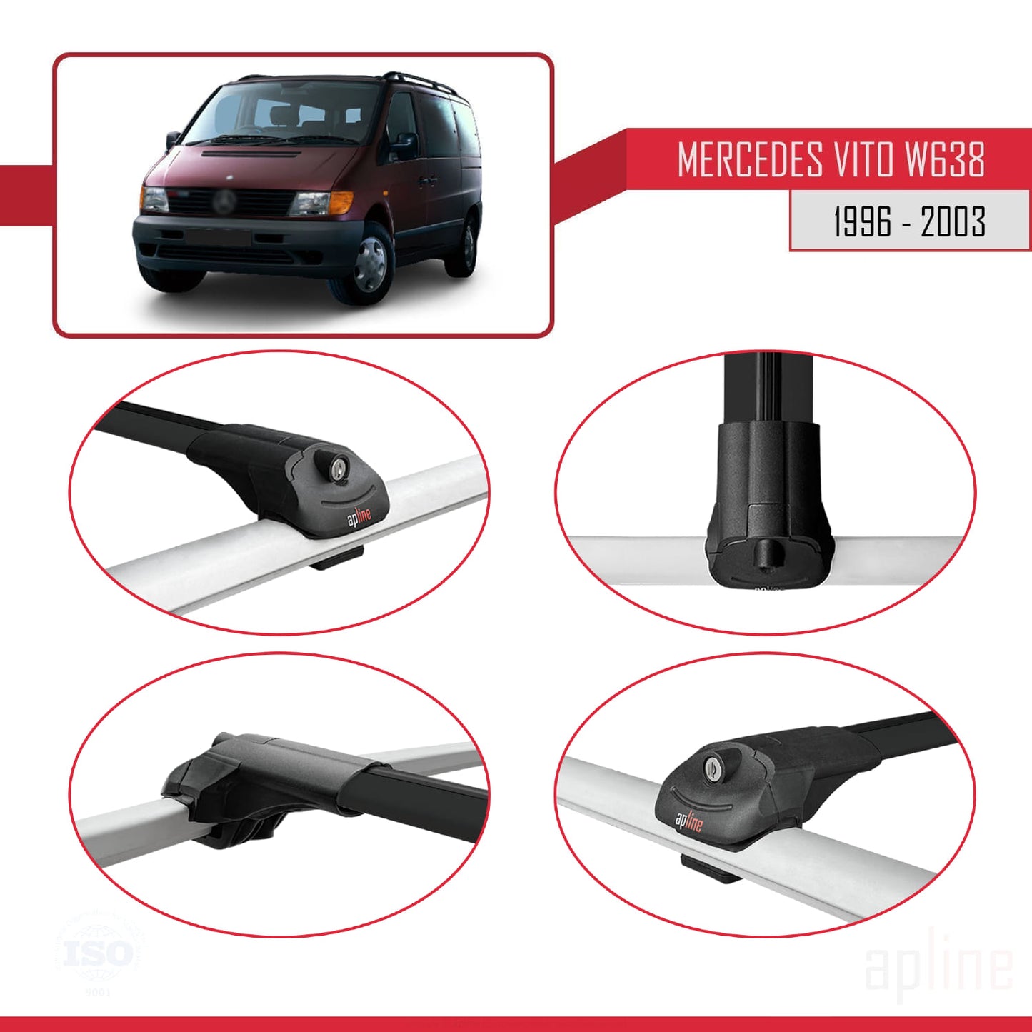 Compatible with Mercedes Vito (W638) 1996-2003 ACE-1 Car Roof Rack Cross Bar Black Aluminium 2 Bars