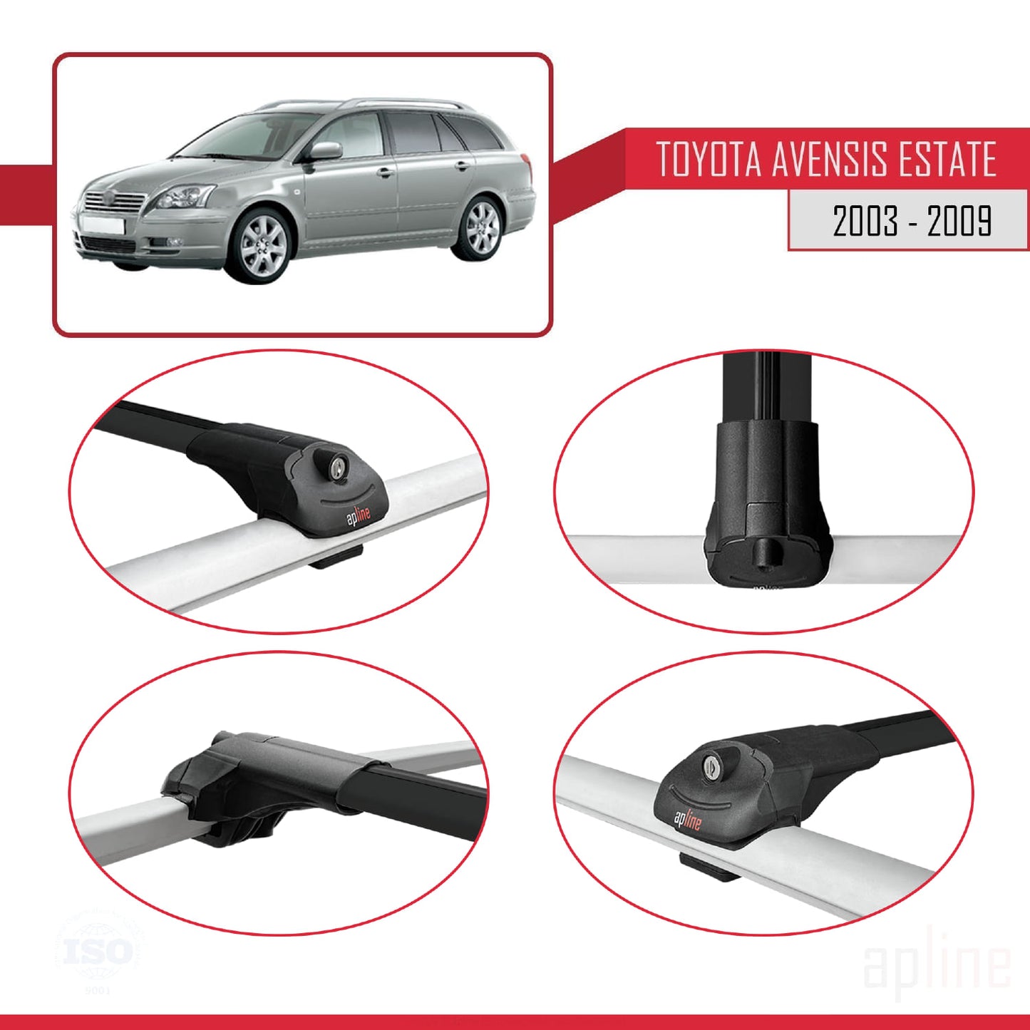 Compatible avec Toyota Avensis Break 2003-2009 ACE-1 Barres de Toit Railing Porte-Bagages de Voiture Noir Aluminium 3 Barres