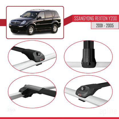 Compatible avec Ssangyong Rexton (Y200) 2001-2005 ACE-1 Barres de Toit Railing Porte-Bagages de Voiture Noir Aluminium 2 Barres
