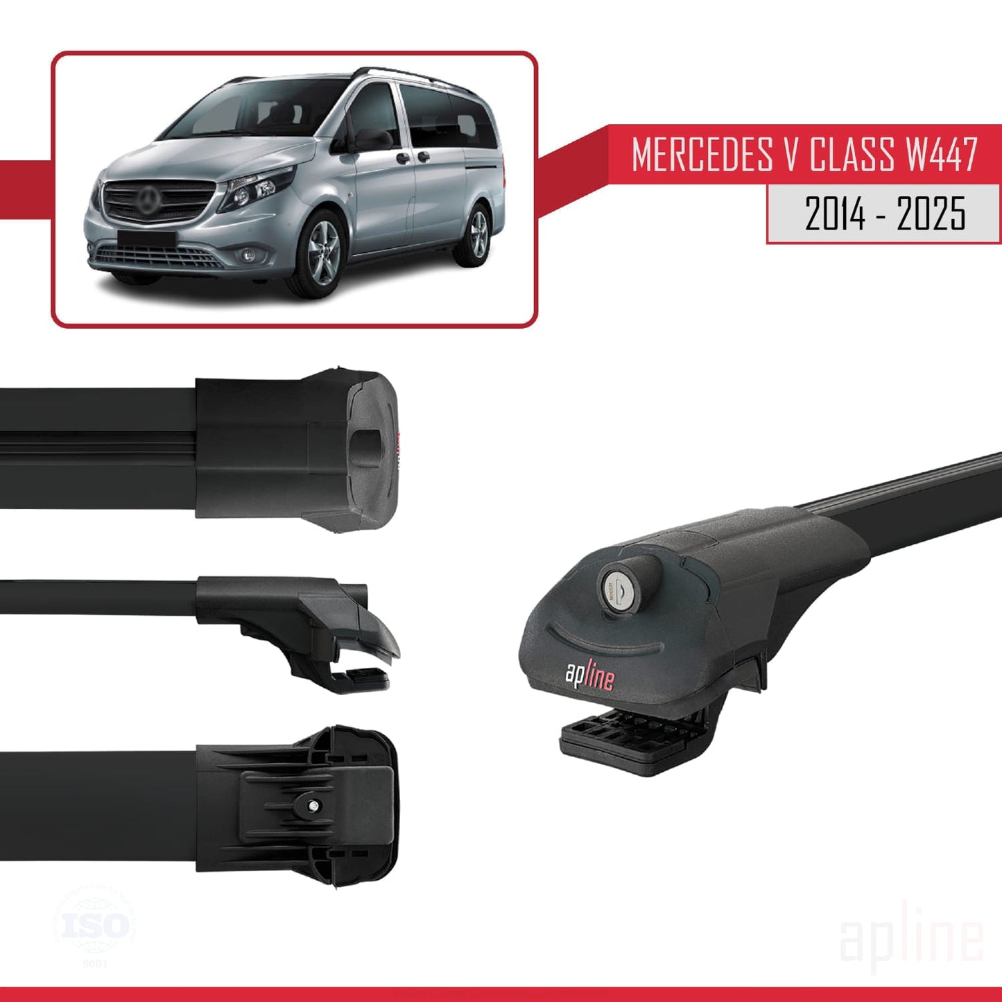 Kompatibel mit Mercedes V Klasse 3 (W447) 2014-2025 ACE-1 Relingträger Dachträger Auto Gepäckträger Schwarz Aluminium 3 Stangen