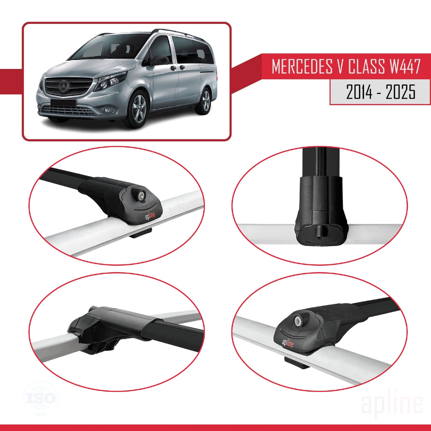 Kompatibel mit Mercedes V Klasse 3 (W447) 2014-2025 ACE-1 Relingträger Dachträger Auto Gepäckträger Schwarz Aluminium 3 Stangen