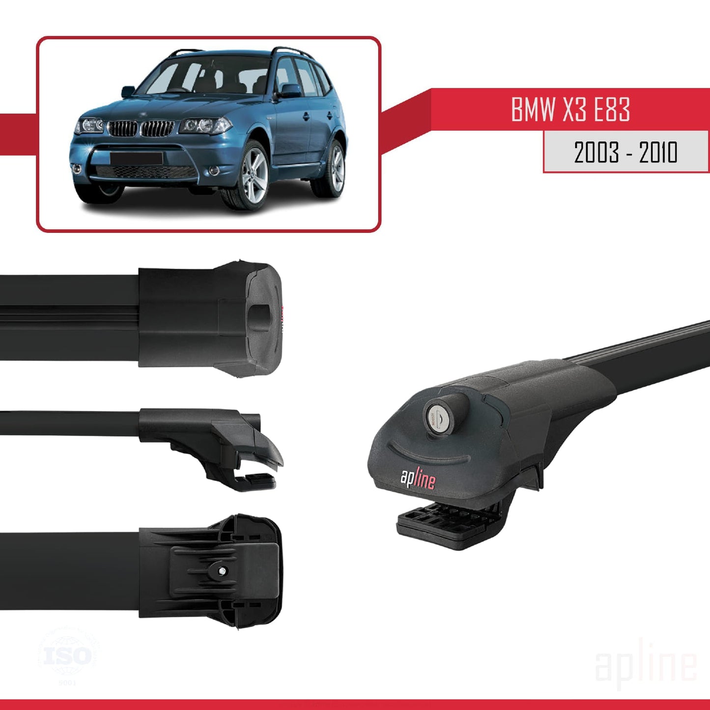 Kompatibel mit BMW X3 (E83) 2003-2010 ACE-1 Dachgepäckträger, Reling, Gepäckträger, schwarzes Aluminium, 3 Querträger
