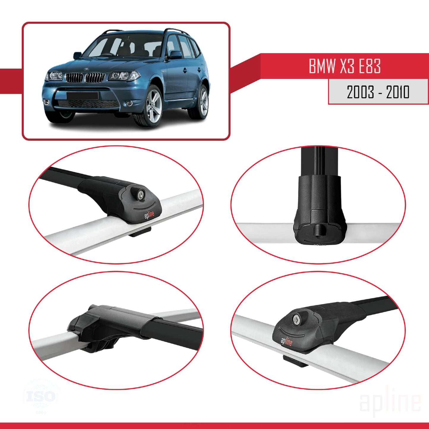 Kompatibel mit BMW X3 (E83) 2003-2010 ACE-1 Dachgepäckträger, Reling, Gepäckträger, schwarzes Aluminium, 3 Querträger
