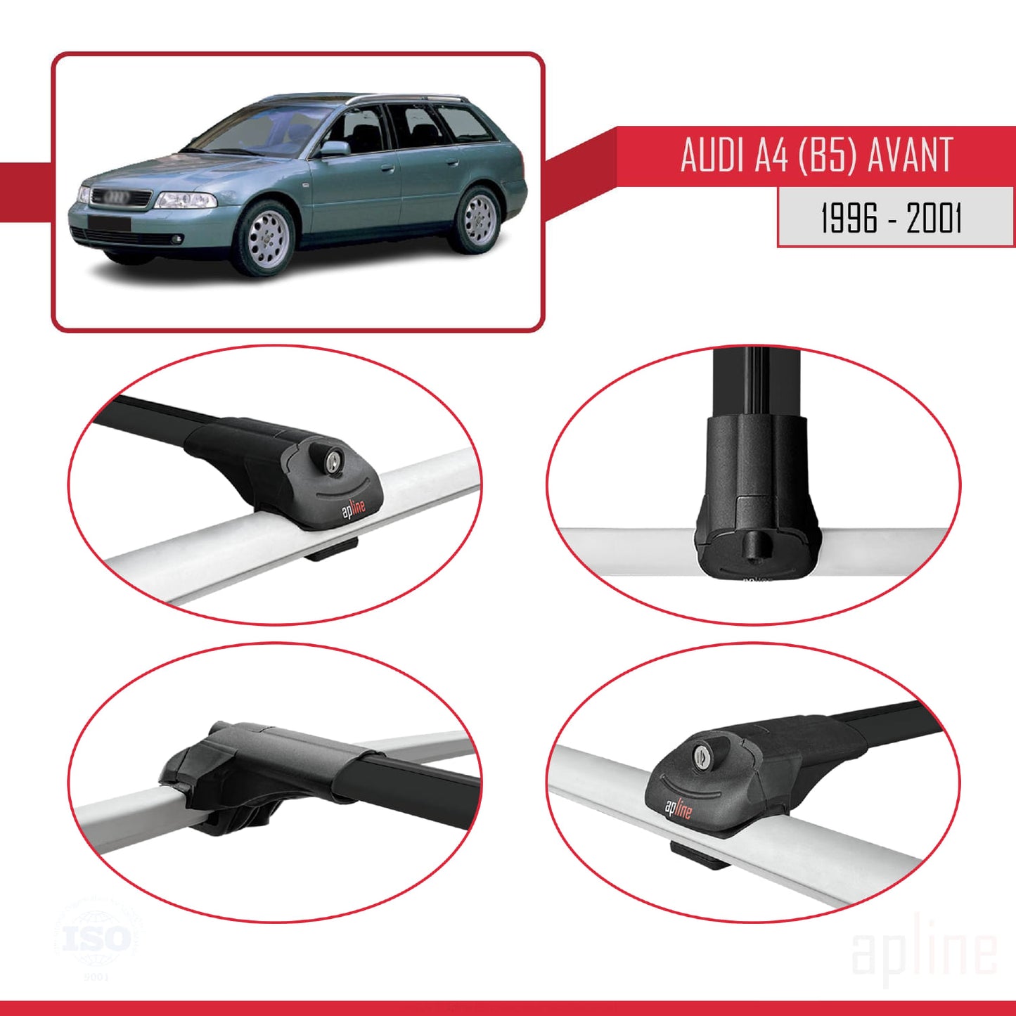 Compatible avec A4 (B5) Avant 1996-2001 ACE-1 Barres de Toit Railing Porte-Bagages de Voiture Noir Aluminium 2 Barres