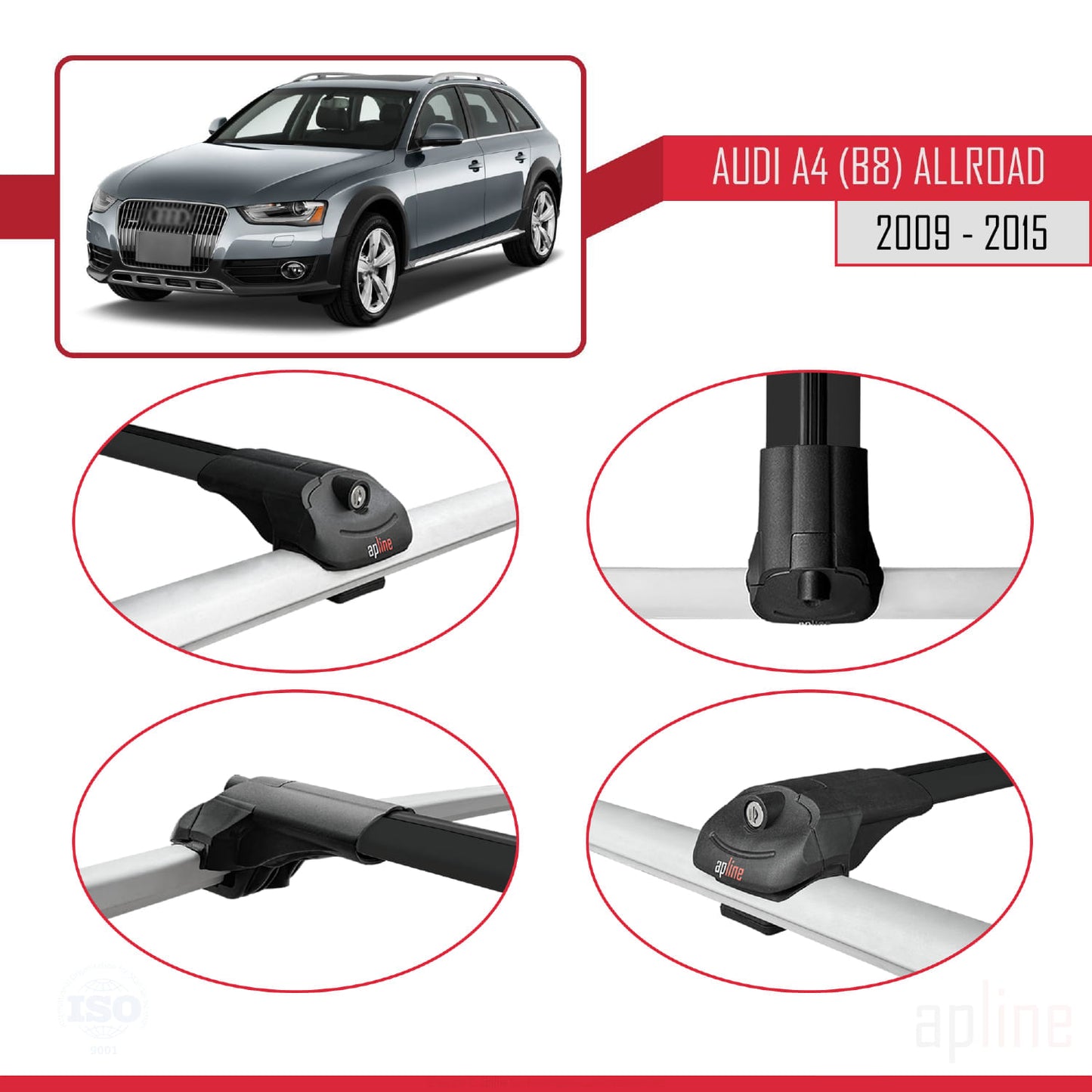 Kompatibel mit A4 (B8) Allroad 2009-2015 ACE-1 Dachgepäckträger, Reling, Gepäckträger, schwarzes Aluminium, 3 Stangen