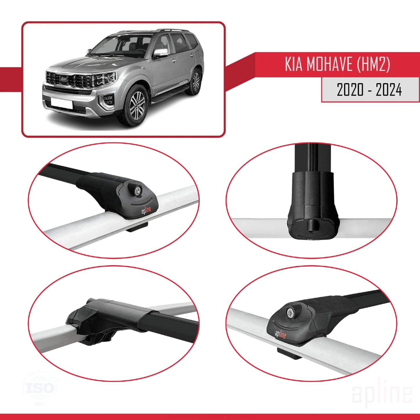 Compatible avec Kia Mohave 2 (HM2) 2020-2024 ACE-1 Barres de Toit Railing Porte-Bagages de Voiture Noir Aluminium 3 Barres