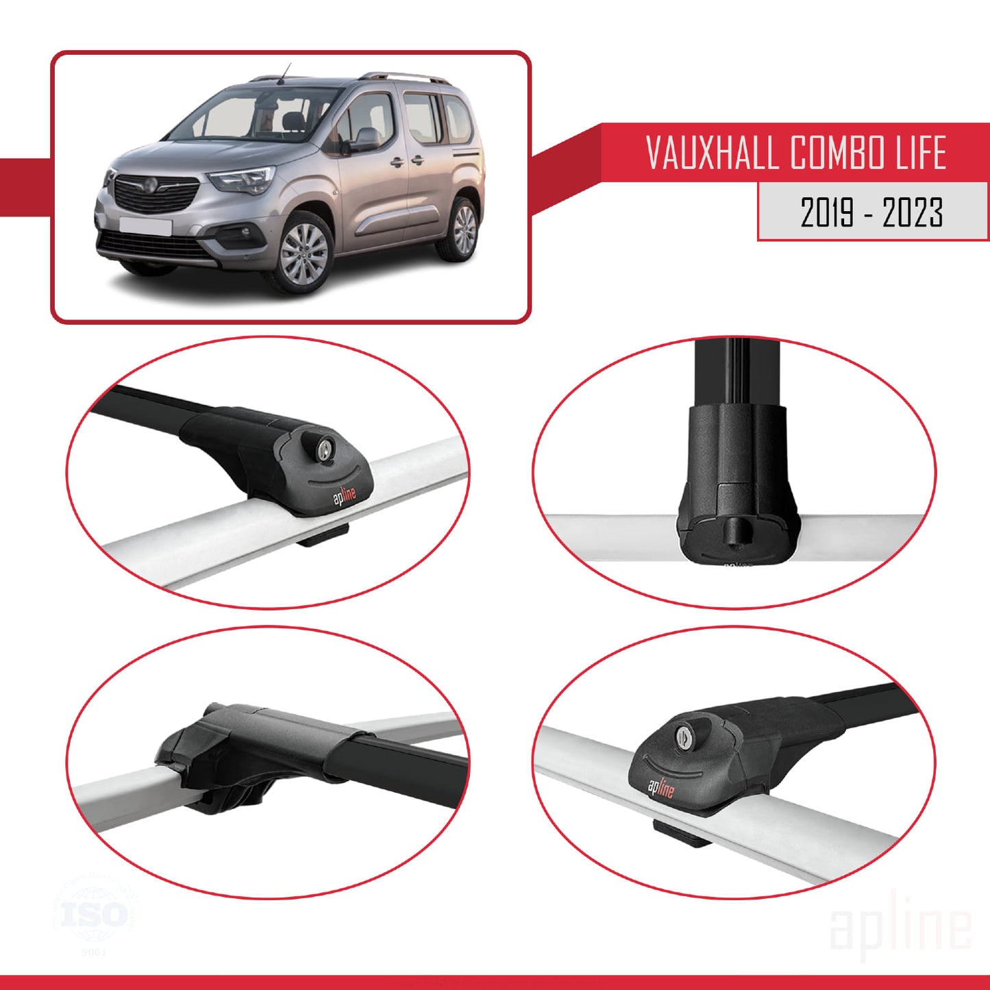 Compatible avec Vauxhall Combo E Life 2019-2022 ACE-1 Barres de Toit Railing Porte-Bagages de Voiture Noir Aluminium 3 Barres