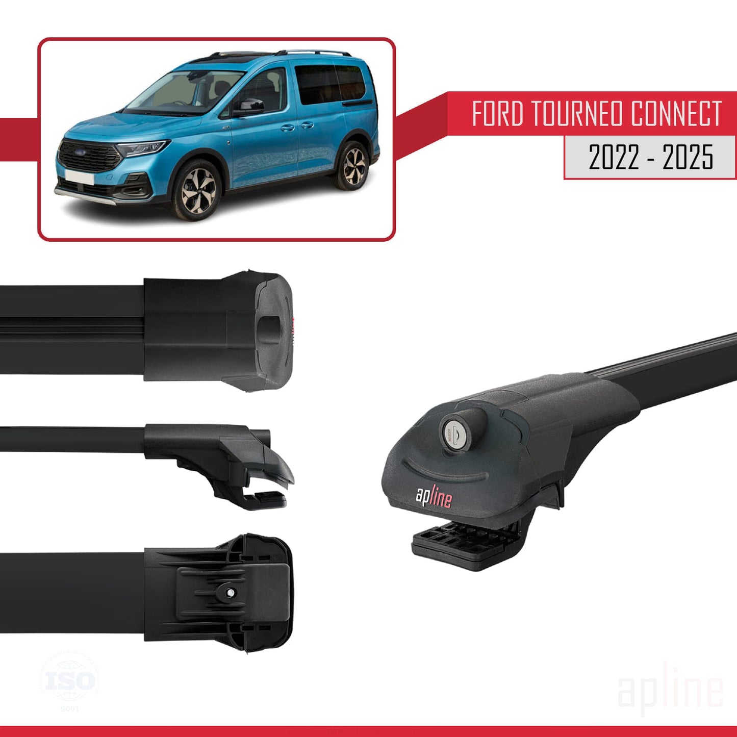 Kompatibel mit Ford Transit/Tourneo Connect 3 2022-2025 ACE-1 Dachgepäckträger, Reling, Gepäckträger, schwarzes Aluminium, 3 Stangen